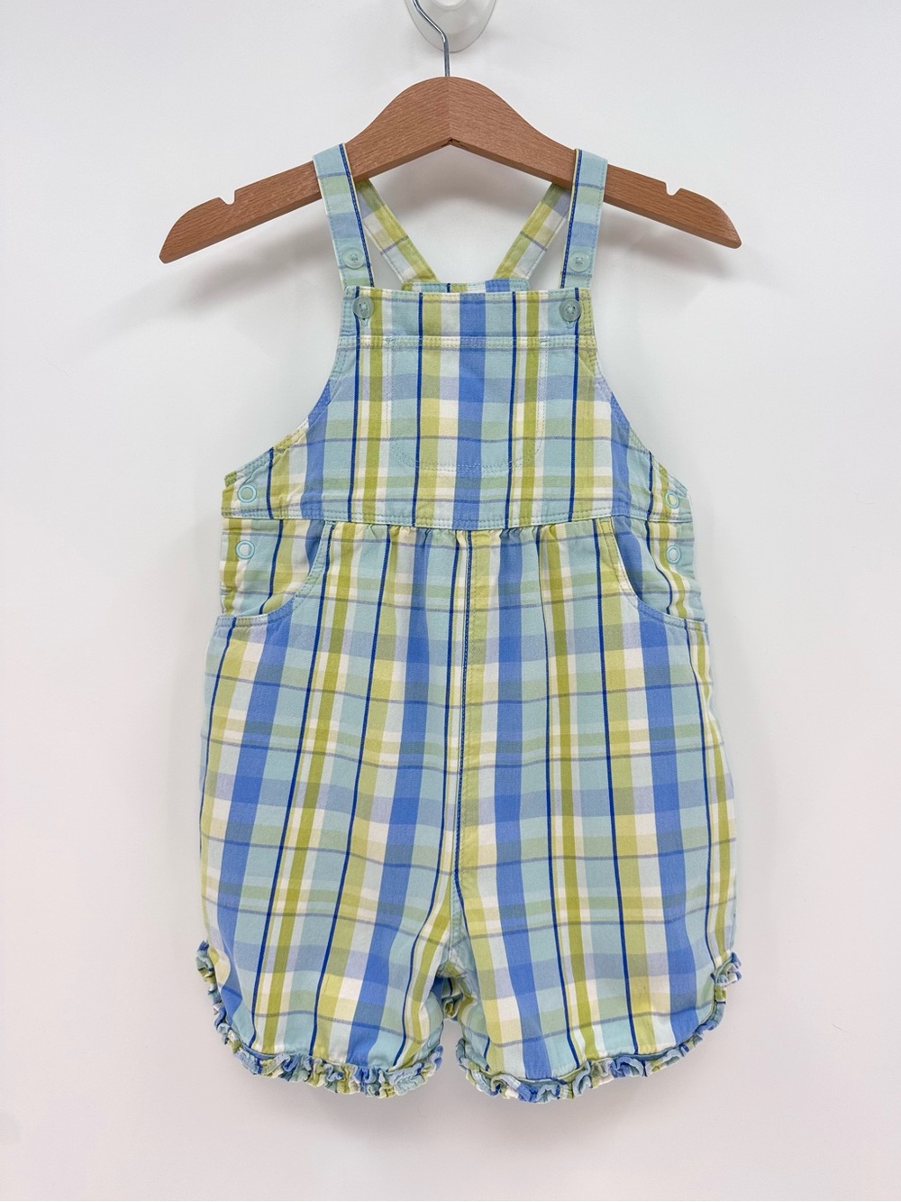 Gymboree Blue Plaid Ruffle Romper Overalls Size 12-18 Months